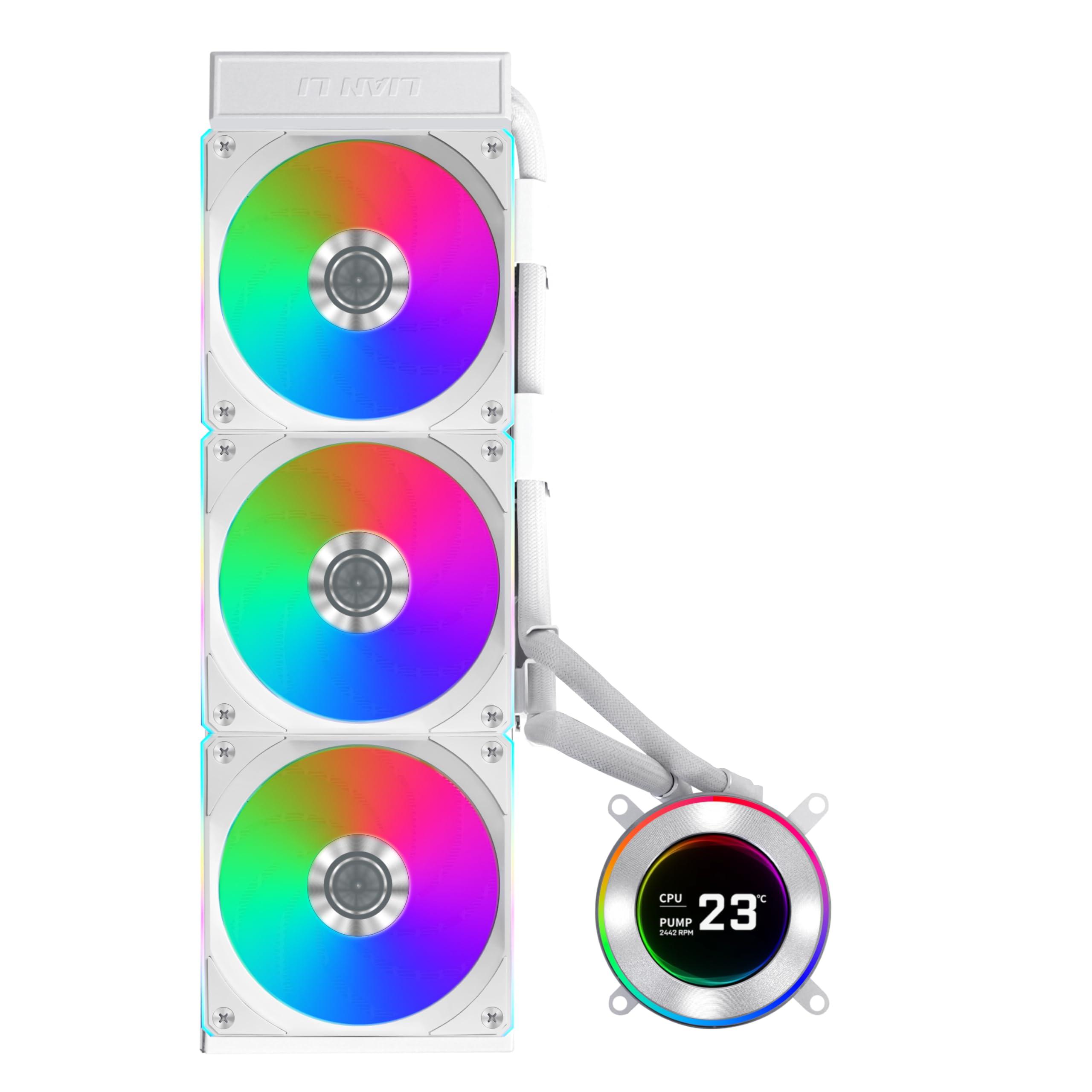 lian-li-hydroshift-ii-360-cl-rgb-liquid-cpu-cooler-360-mm-aio-3-ventole-120-rgb-schermo-lcd-ips-da-2-1-3-modalita-di-controllo-morsetto-tubi-flessibili-lga-1851-1700-amd-am5-am4-bianco