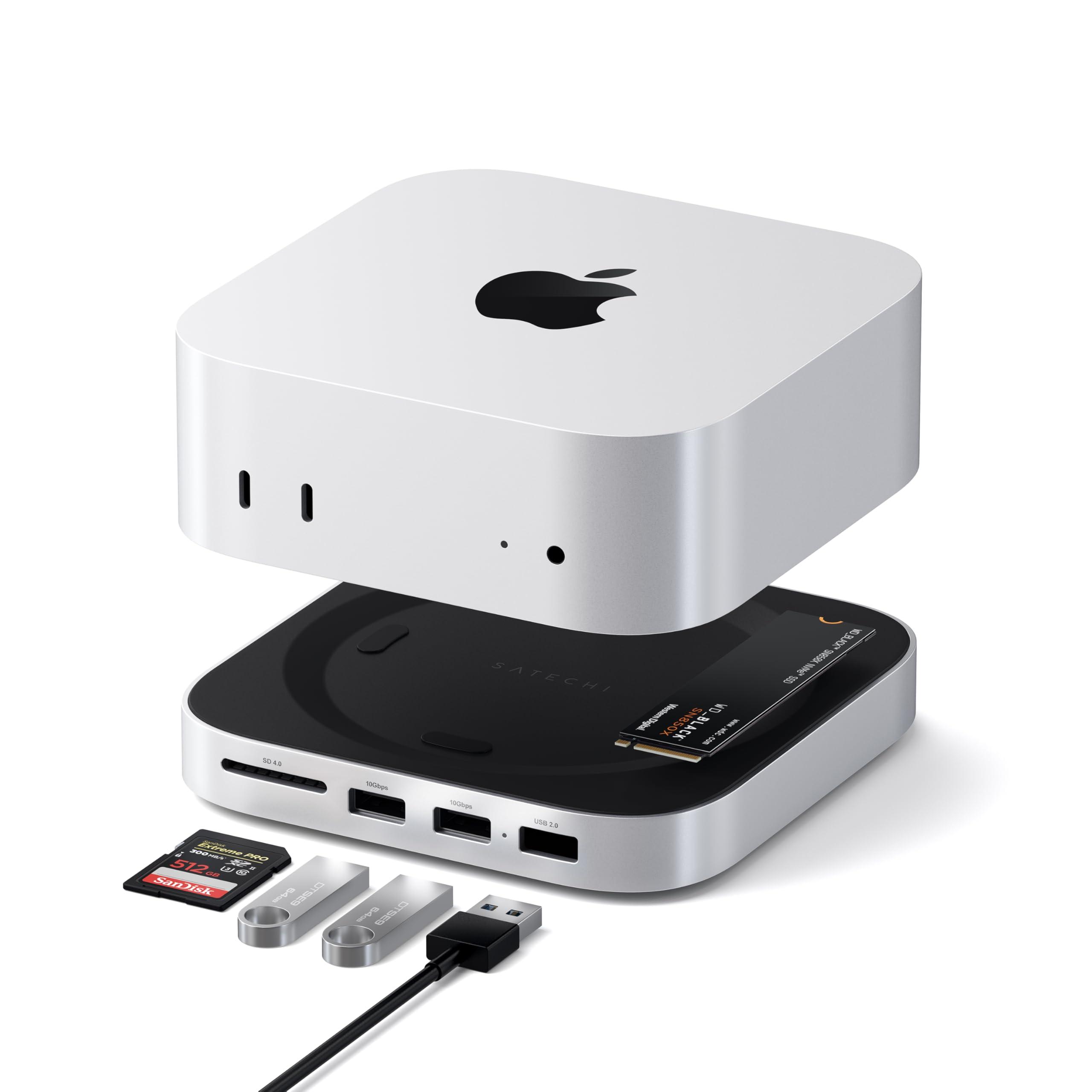 satechi-hub-e-supporto-per-mac-mini-m4-con-alloggiamento-ssd-nvme-dock-in-alluminio-con-2x-usb-a-10gbps-1x-usb-a-480mbps-lettore-sd-e-ventilazione-ottimizzata-per-mac-mini-m4-e-m4-pro-argento