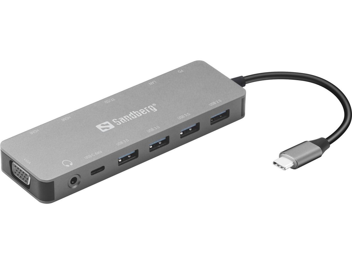 sandberg-dock-da-viaggio-usb-c-13-in-1-hub-usb-c-a-4x-usb-a-1x-usb-c-2x-hdmi-vga-ethernet-audio-memory-card-slot-1x-usb-c-100w-power-through-tripla-uscita-digitale-adattatore-multiporta-per