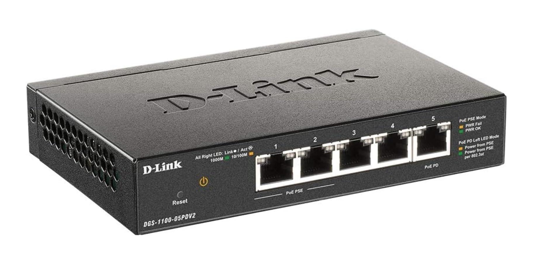 d-link-dgs-1100-05pdv2-smart-switch-gestito-poe-5-porte-gigabit-2-porte-poe-poe-passthrough-802-3af-at-supporto-vlan-funzionalita-layer-2-qos-802-3az-eee-senza-ventole