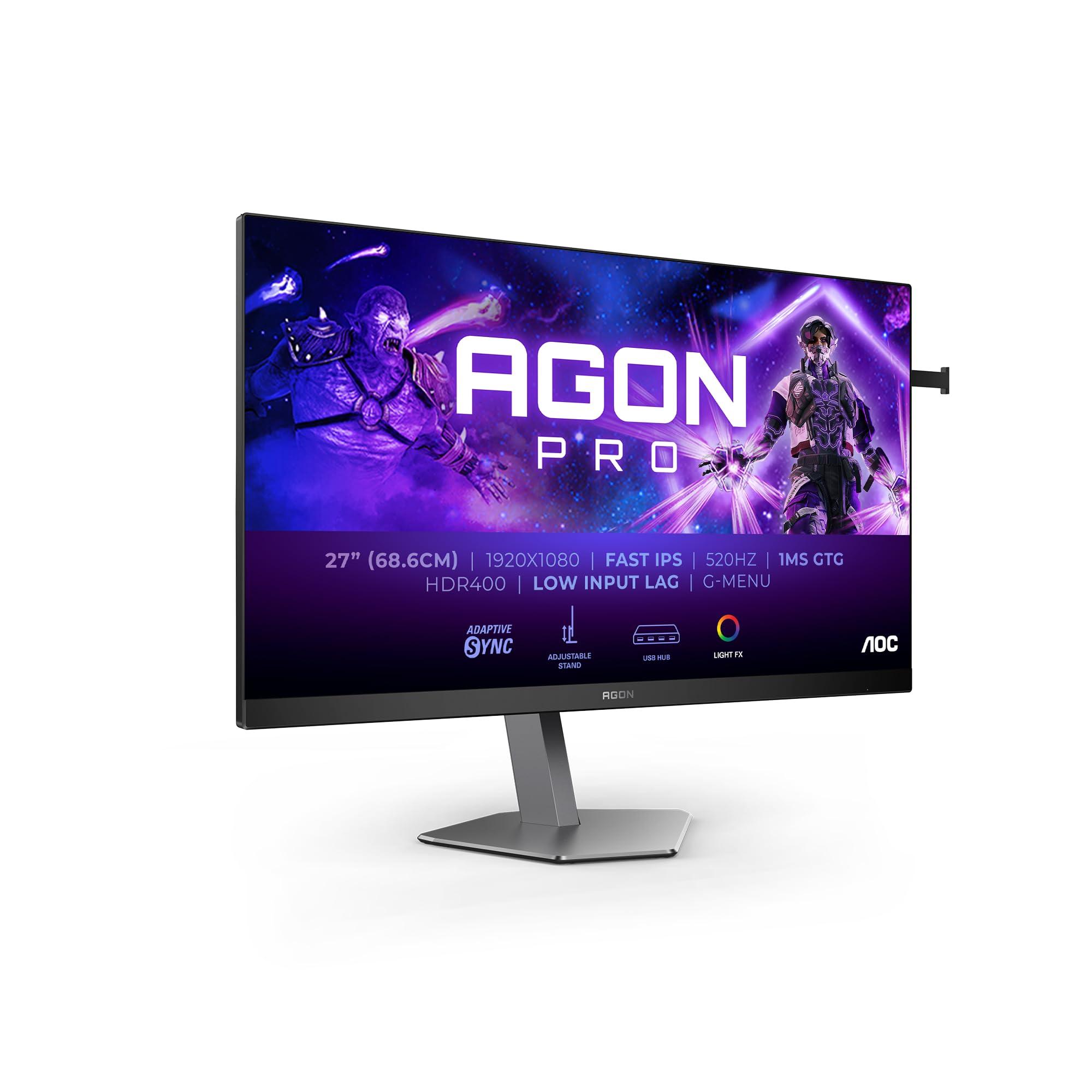 aoc-agon-pro-ag276fk-monitor-gaming-fhd-da-27-pollici-520-hz-1-ms-gtg-adaptive-sync-g-sync-comp-hdr400-2x-hdmi-1x-displayport-1-4-usb-hub-nero-grigio-ips-gsync-freesync