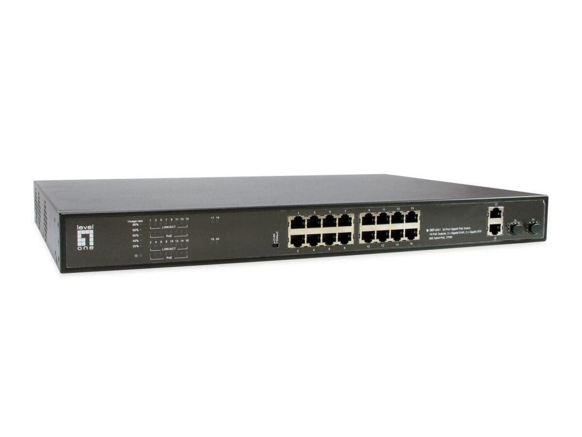 levelone-gep-2021-switch-di-rete-gigabit-ethernet-270w-20xpoe-outputs-10-100-1000-power-over-ethernet-poe-1u-2-x-gigabit-rj45-2-x-gigabit-sfp-802-3at-af-poe-270w-nero