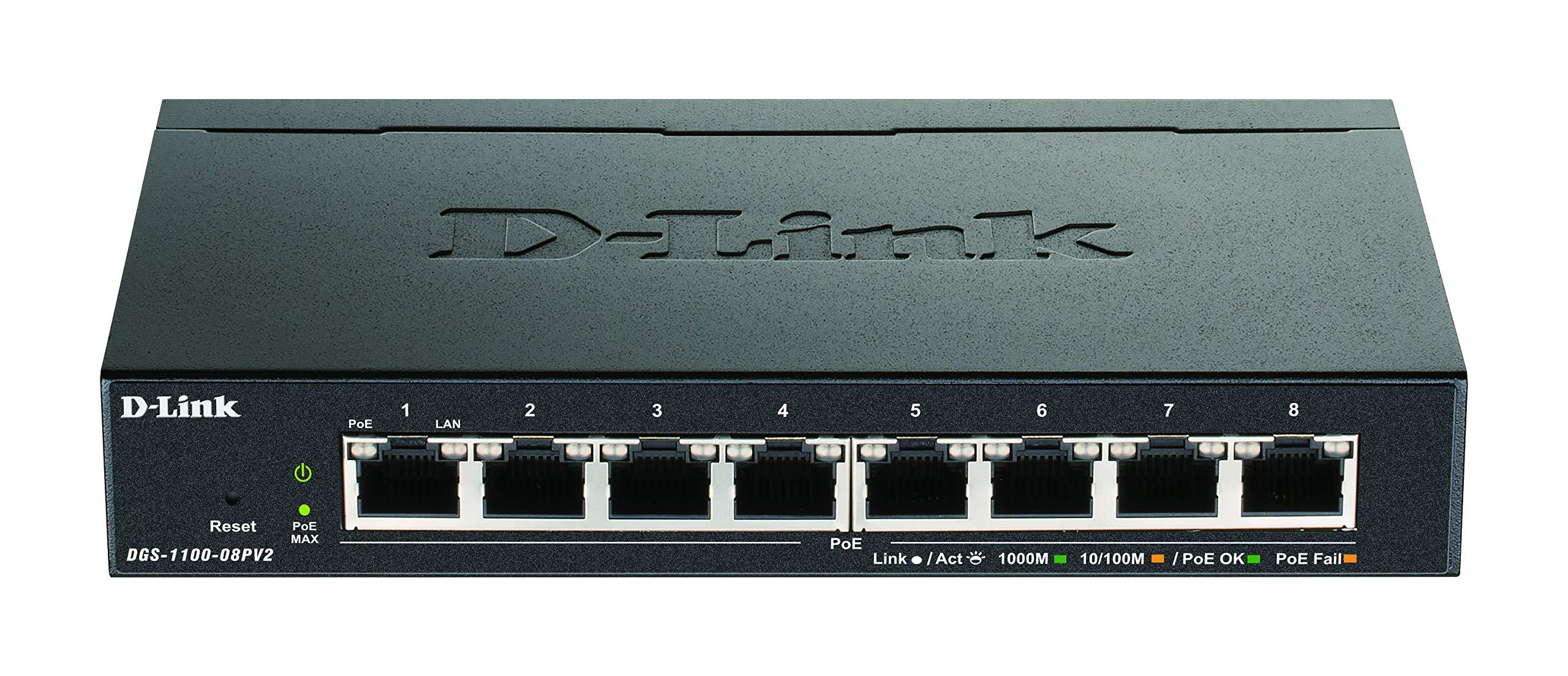 d-link-dgs-1100-08pv2-e-smart-switch-gestito-poe-8-porte-gigabit-poe-a-64w-802-3af-at-supporto-vlan-funzionalita-layer-2-qos-802-3az-eee-senza-ventole-cavi-di-alimentazione-ue-nero