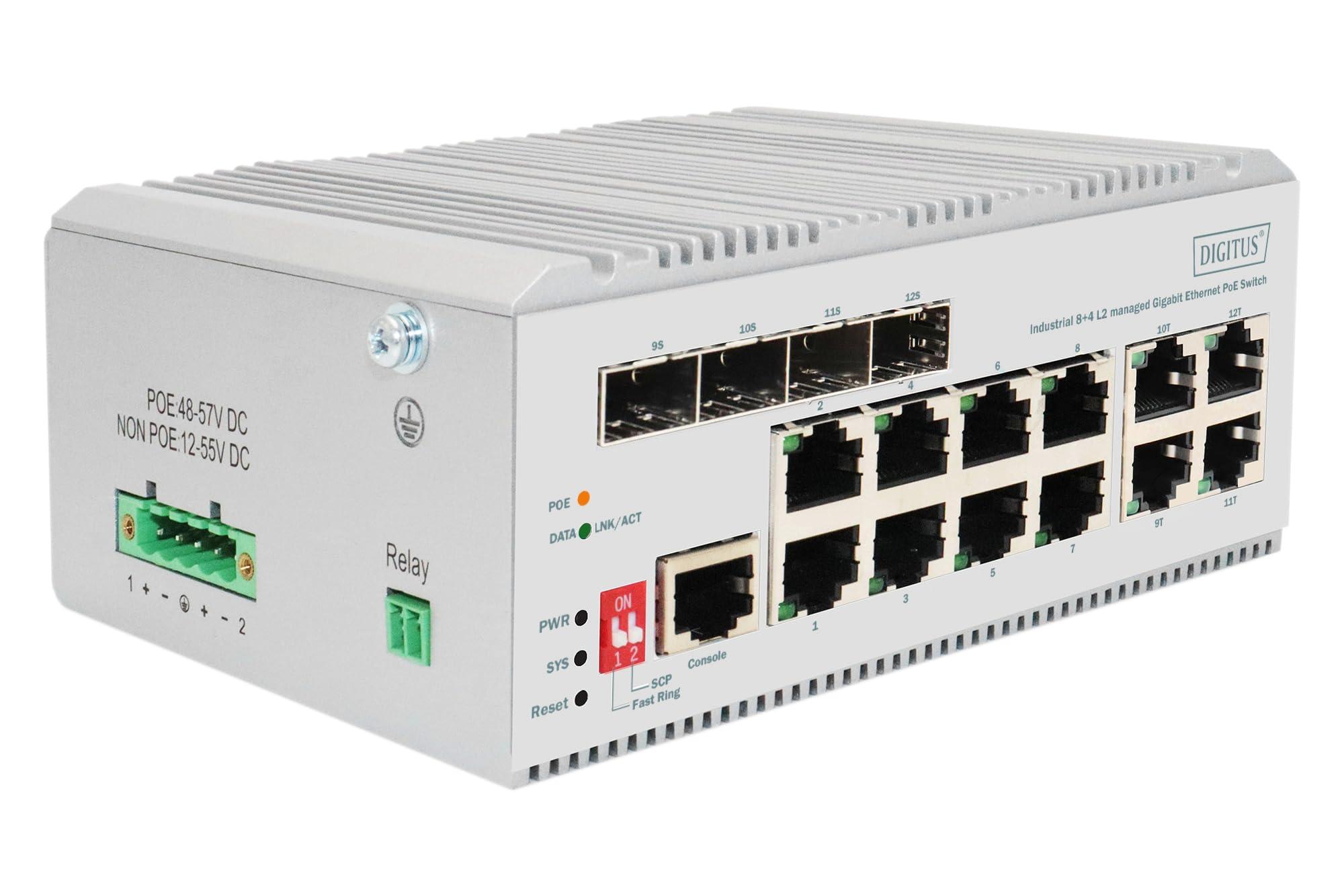 digitus-switch-di-rete-poe-12-porte-gigabit-ethernet-8x-rj45-4x-sfp-rj45-combo-l2-gestito-10-100-1000-mbit-s-montaggio-su-guida-din-serie-industriale-bianco