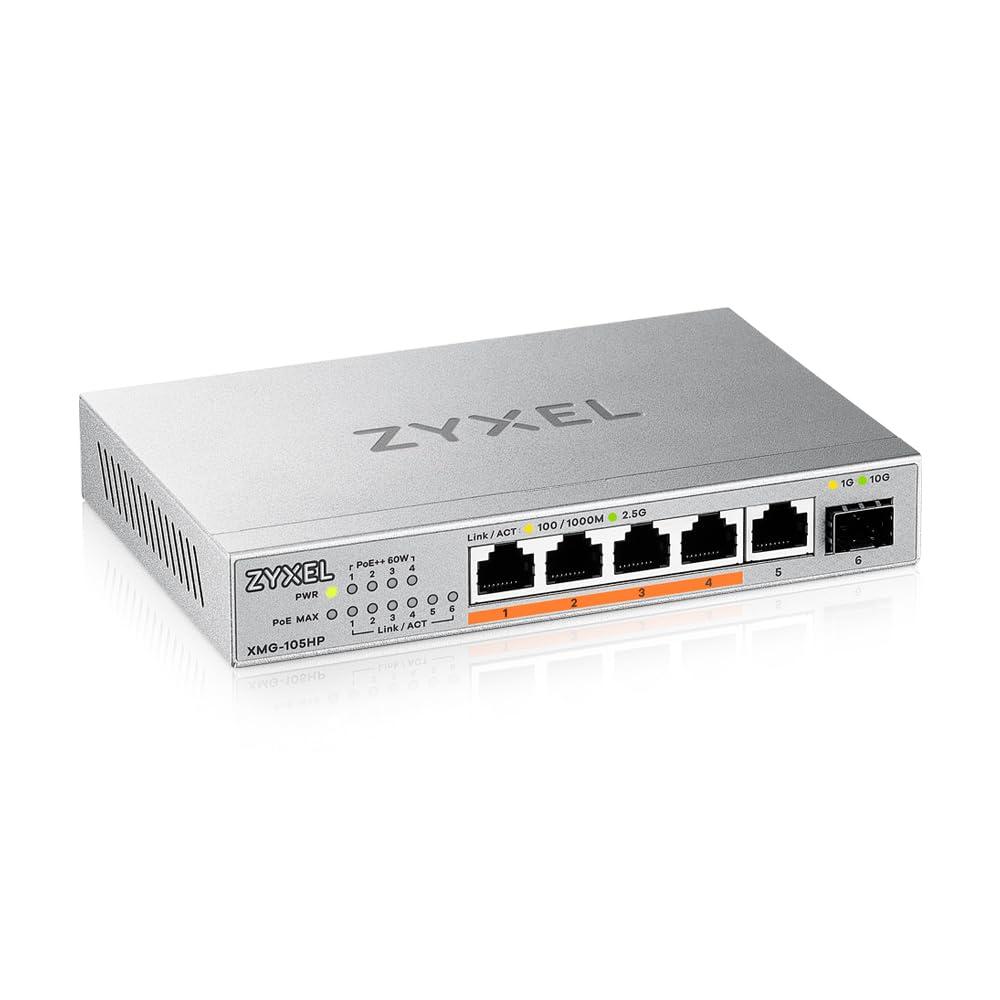 zyxel-switch-poe-5-porte-unmanaged-multi-gigabit-switch-ethernet-2-5-gigabit-4x-poe-budget-70w-1x-10gb-sfp-montaggio-su-desktop-o-a-parete-xmg-105hp