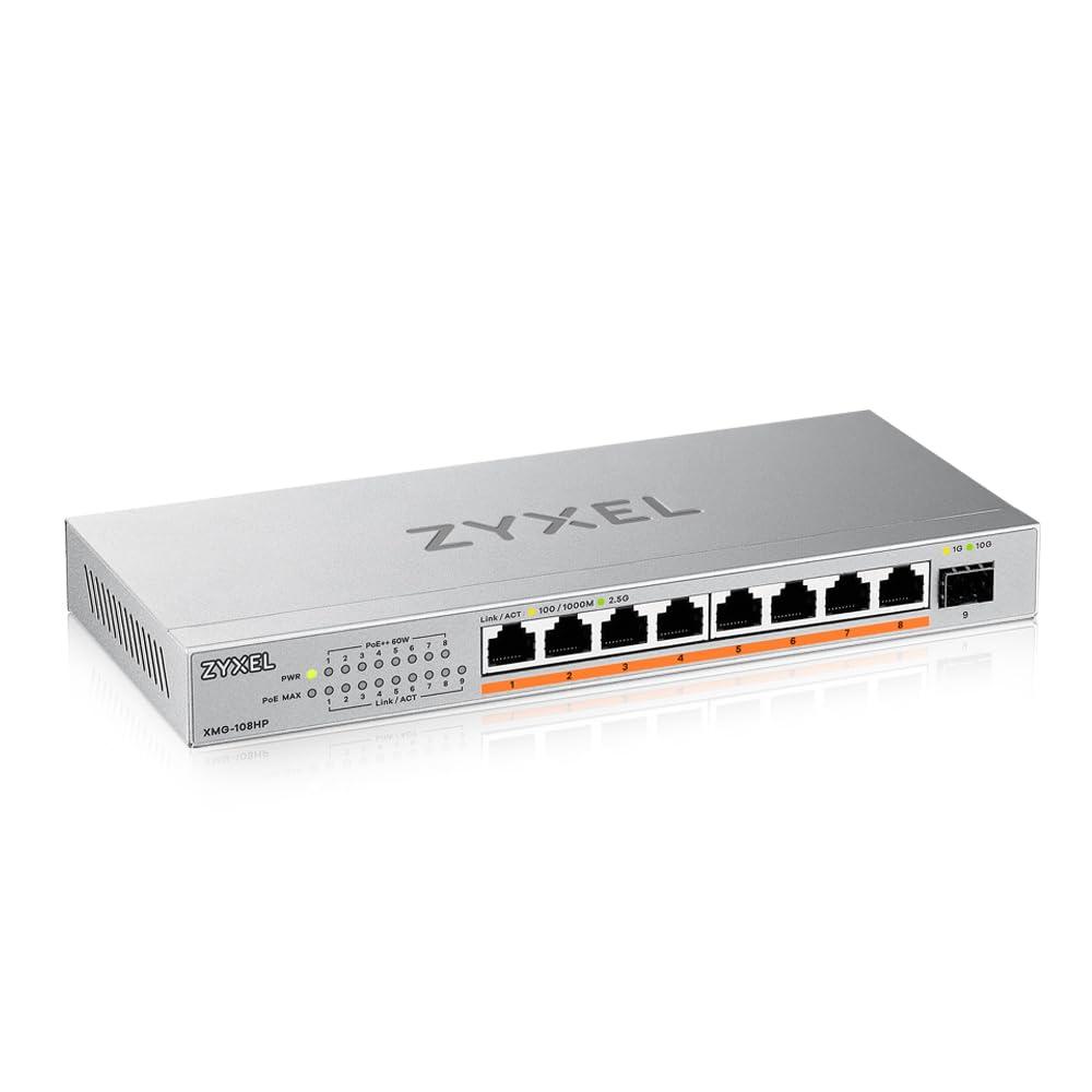 zyxel-switch-poe-5-porte-unmanaged-multi-gigabit-switch-ethernet-2-5-gigabit-8x-poe-budget-70w-1x-10gb-sfp-montaggio-su-desktop-o-a-parete-xmg-108hp