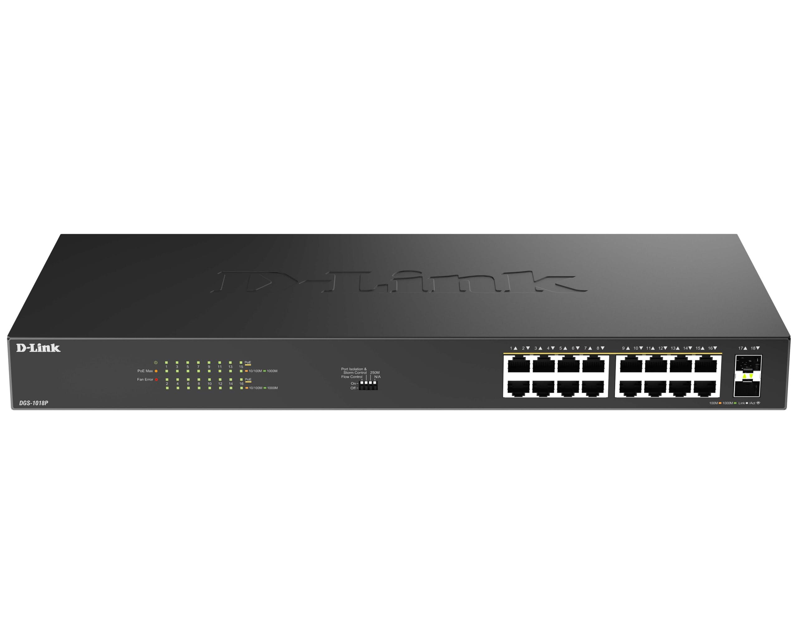d-link-dgs-1018p-switch-poe-gigabit-non-gestito-a-18-porte-16-porte-poe-240w-2-uplink-sfp-plug-and-play-struttura-in-metallo-con-ventola-montaggio-rack-ieee-802-3af-at-basso-consumo