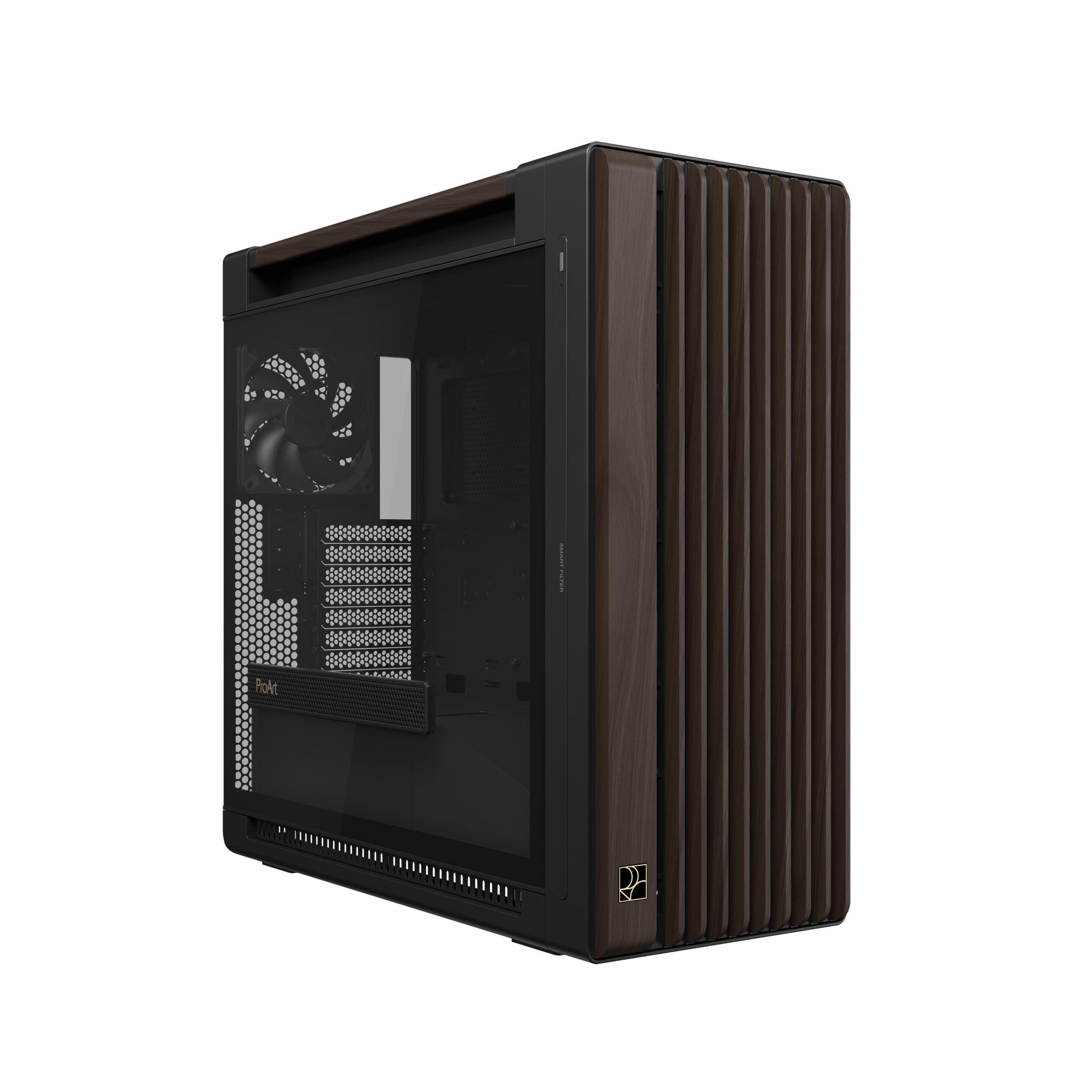 asus-proart-pa602-walnut-wood-tg-pwm-modern-black-case-gaming-e-atx-in-legno-e-vetro-temperato-ventole-da-140-mm-e-200-mm-rilevatore-di-polvere-ir-presa-d-aria-laterale-5-porte-usb-nero